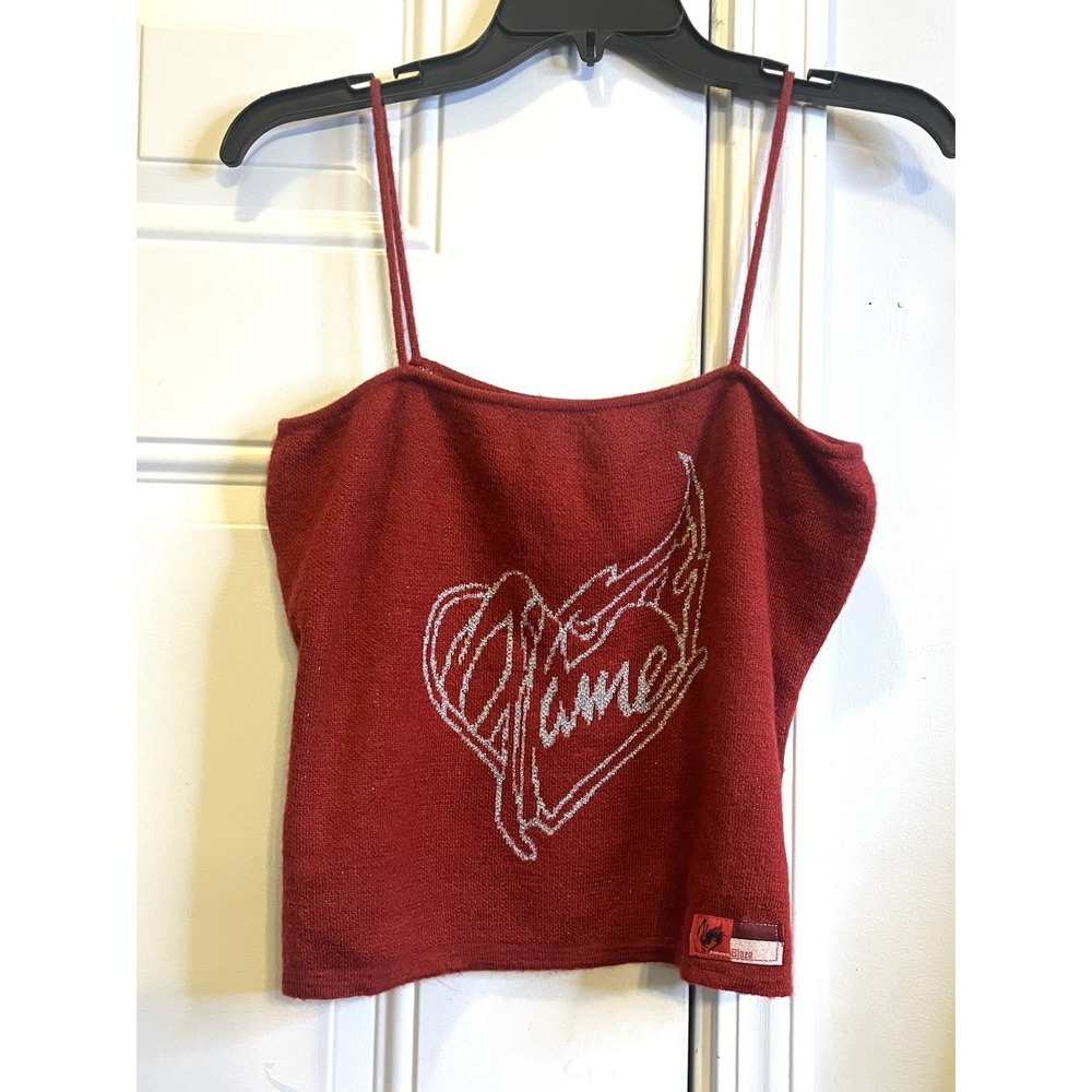 Vintage 90s Y2K Johnny Blaze Red Sparkly Knit Flaming Heart Tank Top Size Sz XL